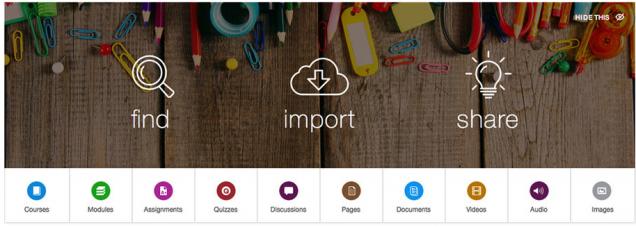 Screen shot of a Canvas course home page that says, &quot;Find, Import, share.&quot; The image has paperclips, pencils, scissors and tape.