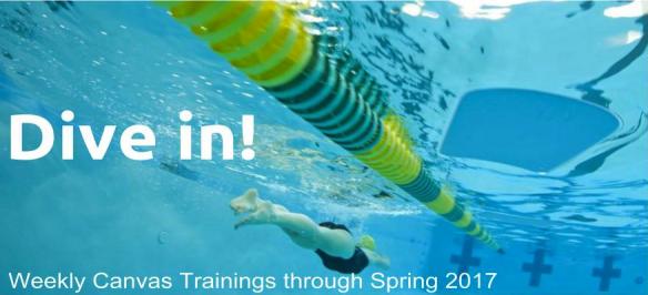 A single swimmer in a swimming pool with text that says &quot;dive in!' and &quot;weekly Canvas Trainings through Spring 2017